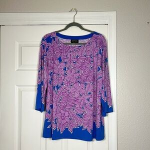 Bob Mackie Wearable Art Blouse Abstract Floral Multicolor Short Sleeve XL